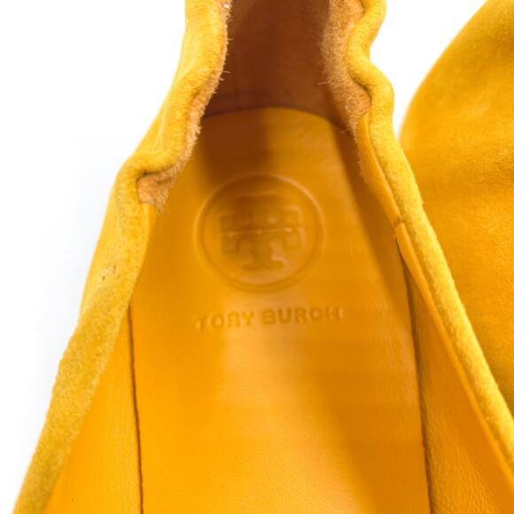 Tory Burch Minnie Travel Ballet Flats Gold Crest Suede Leather Logo Yellow Sz 7 - Picture 6 of 10
